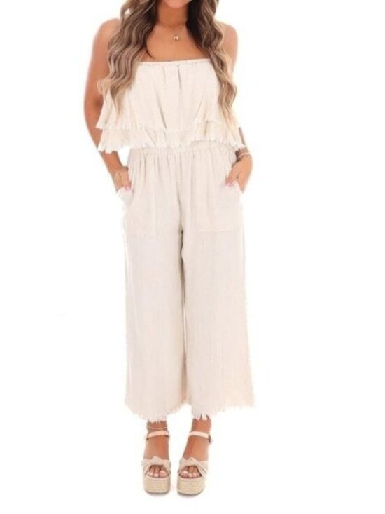 Umgee Pants - Umgee Women's Size Small Losing My Mind Tiered Jumpsuit Beige Fringe Hem Linen